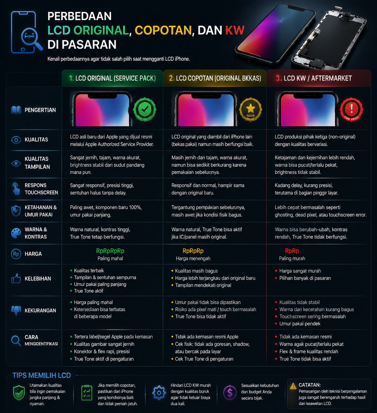 Perbedaan LCD Original, Copotan, dan KW di Pasaran